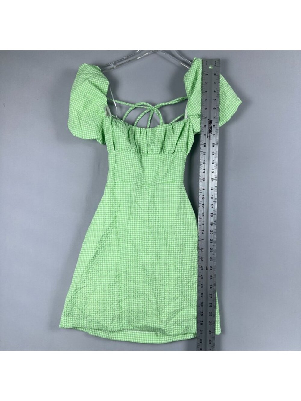 Zara Gingham Dress Size XS Mint Green Puff Sleeve Mini 100% Cotton Side Zipper - Picture 11 of 13